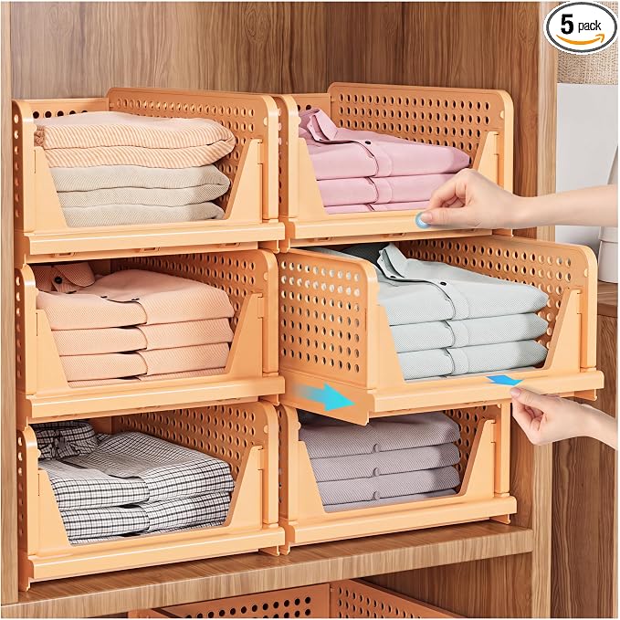 SNSLXH 5 Pack Stackable Closet Organizer Box, Multifunctional & Foldable Closet Storage Basket for Bathroom Kitchen Laundry Room Wardrobe Storage, Space-Saving Clothes Storage Drawer Organizer, Yellow | Stackable & Foldable Closet Storage Bins for Bath...