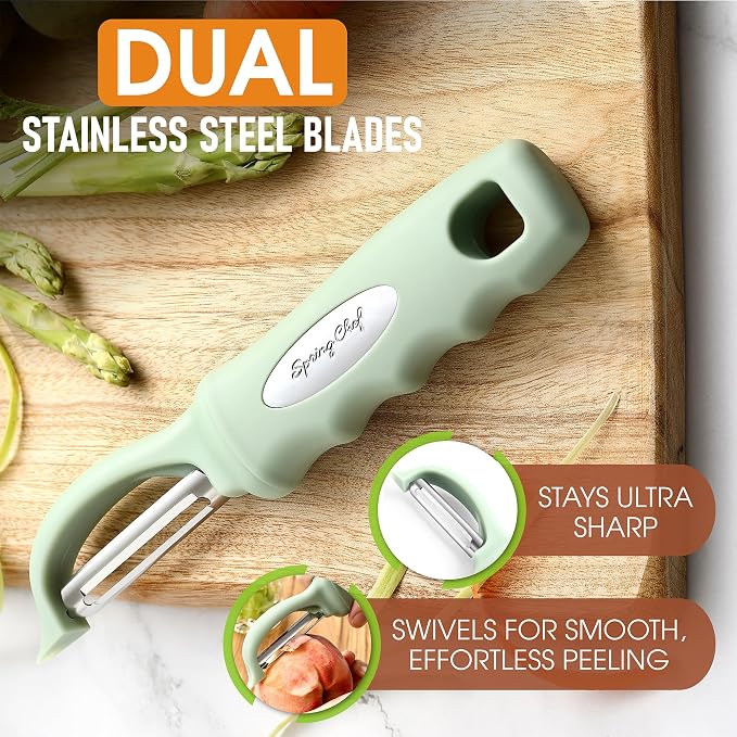 Spring Chef Swivel Vegetable Peeler with Ergonomic Handle, Pistachio | Premium Potato Peeler w/ Ultra Sharp Stainless Steel Blades, Multifunctional Veggie Peeler for Apple, Carrot, Cucumber, Fruit