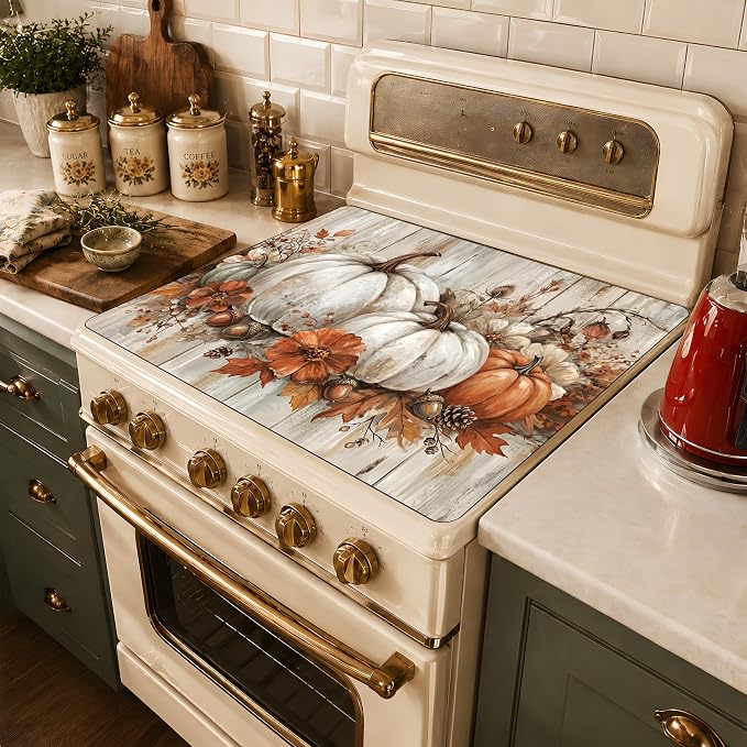 Pumpkin Stove Top Cover Mat, Thanksgiving Decor, 28.5 x 20.5Inchs(White pumpkin)
