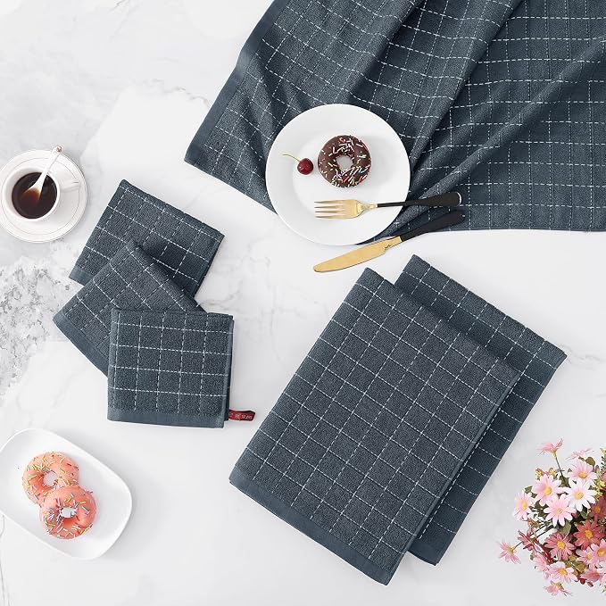 Homaxy Kitchen Towels and Dishcloths Set, Set of 10, Dark Grey | Bulk Cotton Terry Kitchen Towels, Checkered Designed, Soft and Super Absorbent Dish Towels, 12 x 12 and 13 x 28 Inches