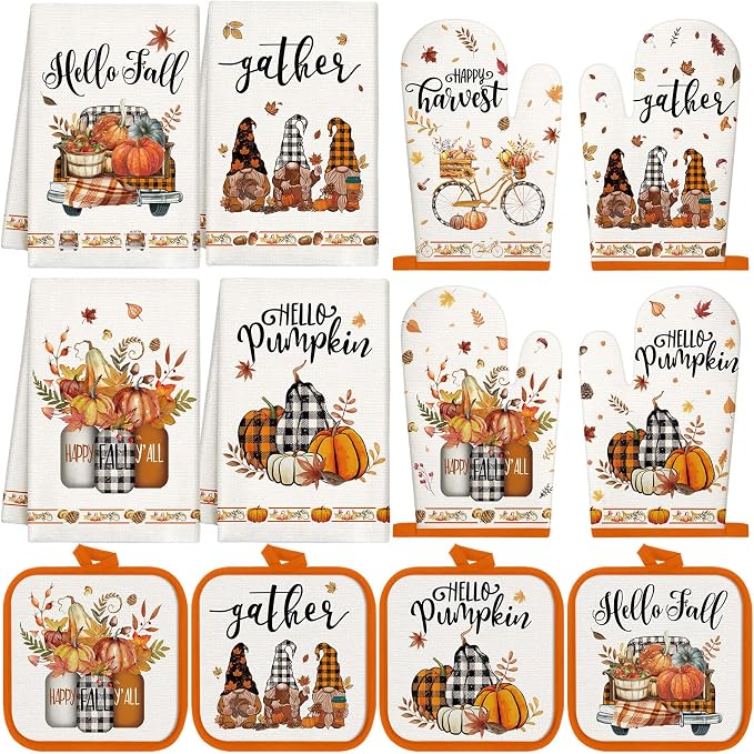 SiliFine 12 Pcs Fall Pumpkin Kitchen Towels Oven Mitts Pot Holders Set | Buffalo Plaid Gnome Harvest Design, Kitchen Accessories for Cooking Baking, Autumn Thanksgiving Decoration, Holiday Gifts