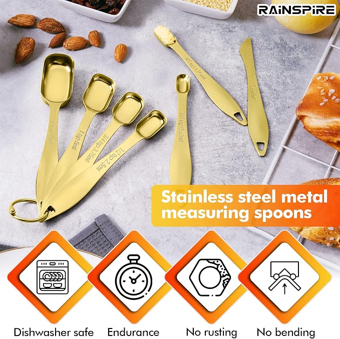 Heavy Duty Measuring Spoons Set Stainless Steel, Metal Measuring Cups and Spoons Set for Dry or Liquid, Fits in Spice Jar, Home Gadgets Kitchen Gadgets, Set of 7 Including Leveler, Gold