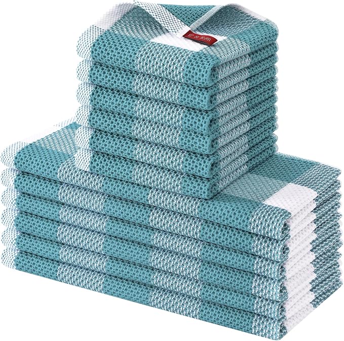 Homaxy Kitchen Towels and Dishcloths Set, Set of 12, White & Lake Blue | Bulk Cotton Waffle Weave Check Plaid Kitchen Towels, Super Soft and Absorbent Dish Cloths, 12 x 12 and 13 x 28 Inches