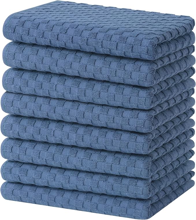 Homaxy 100% Cotton Terry Kitchen Towels(15" x 25", 8 Pack), Navy Blue | Soft and Super Absorbent Dish Towels, 380 GSM Reusable Tea Towel with Hanging Loop, Pineapple Grid Designed