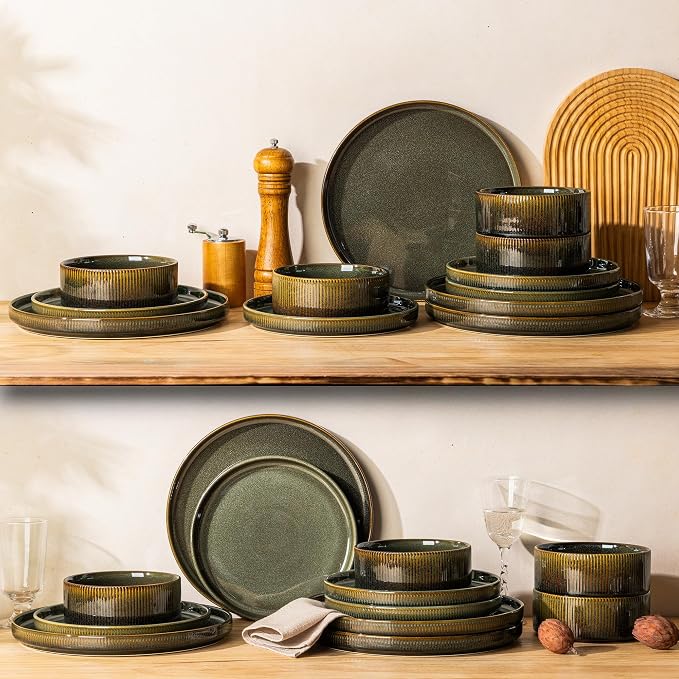Ceramic Dinnerware Set for 4, 12-Piece Plates and Bowls Set | Lightweight Porcelain Dish Set, Scratch Resistant, Oven & Microwave & Dishwasher Safe, Olive Green