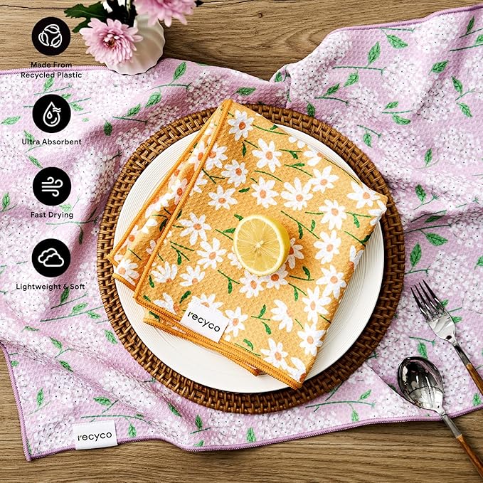 RECYCO Waffle Kitchen Towel Set of 2 - Quick Dry Microfiber Sustainable Dish Towels - Ultra Absorbent Reusable Cleaning Tea Towels - Lightweight Hand Towels,16”x 28”, Matisse Floral