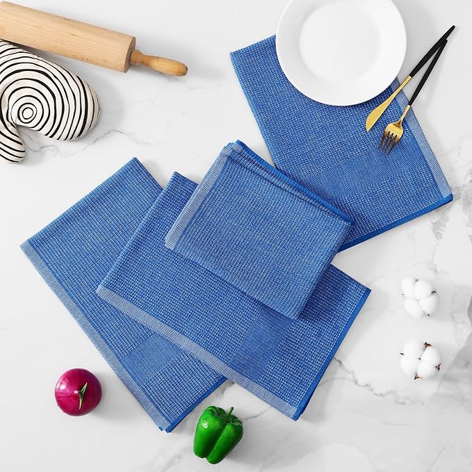 Homaxy 380 GSM Cotton Premium Kitchen Towels 8 Pack, 18"x 28", Blueberry | Flat and Terry Dish Towels, Highly Absorbent Tea Towel Set with Hanging Loop, Soft Utility Kitchen Hand Towels