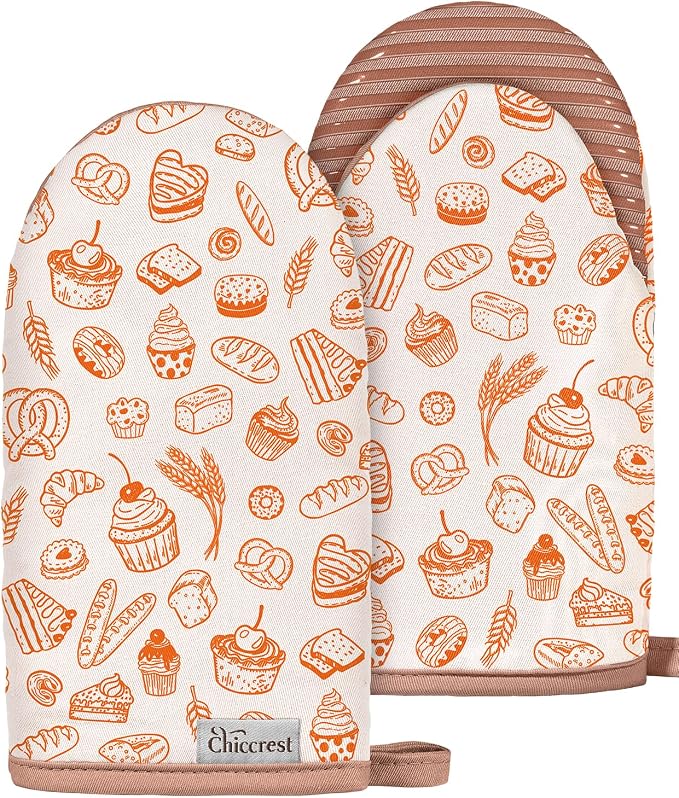 100% Thick Cotton Mini Oven Mitts with Silicone Grip Bakery Bread | Girly Cute Oven Mitts for Women, Machine Washable, Non-Slip, Reversible Design Fits Both Hands, Stylish Kitchen Decor