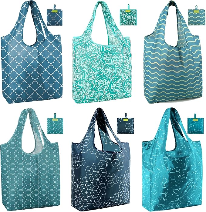 BeeGreen Reusable Shopping Bags Cute Grocery Bag 6 Pack, Reusable Gift Bags Heavy-Duty Foldable Shopping Totes for Supermarket, Work & Travel, Large Washable Polyester Tote Bag with Handles