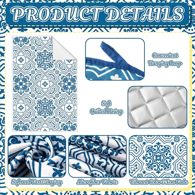 Jingmore 6 Pcs Kitchen Decor Set Accessory Farmhouse Kitchen Towels Pot Holders Oven Mitts Set 2 Dish Towels 2 Pot Holders 2 Cooking Mittens Oven Glove for Cooking (Blue,White,Chinoiserie Printed)