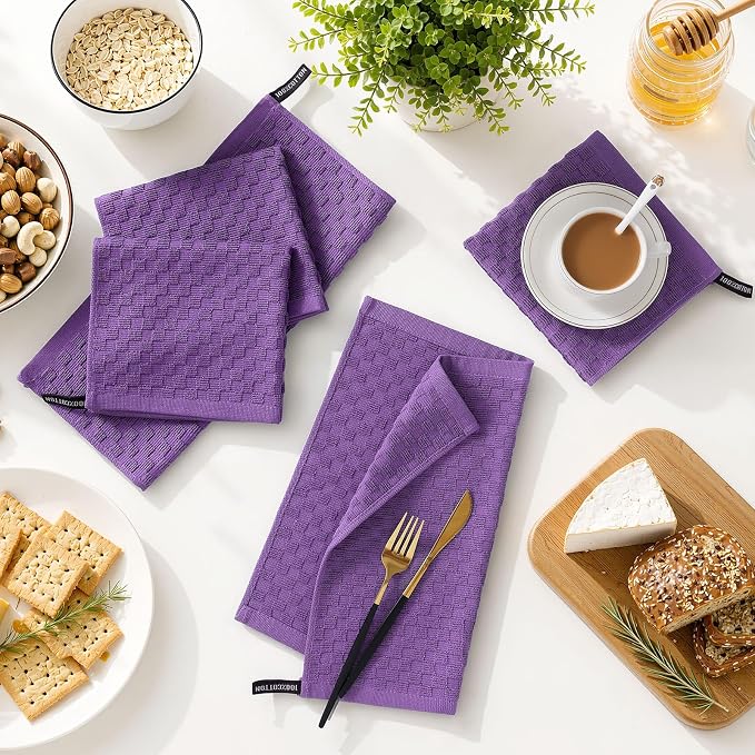 Homaxy 100% Cotton Terry Dish Cloths, 12"x12", 12-Pack, Purple | Ultra Soft Absorbent Dish Towels with Hanging Loop, Pineapple Grid Designed
