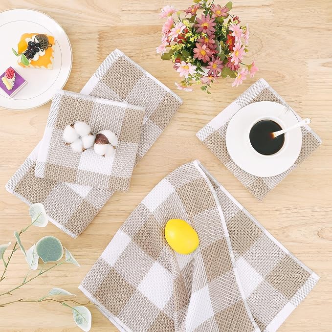 Homaxy Kitchen Towels and Dishcloths Set, Set of 12, White & Khaki | Bulk Cotton Waffle Weave Check Plaid Kitchen Towels, Super Soft and Absorbent Dish Cloths, 12 x 12 and 13 x 28 Inches
