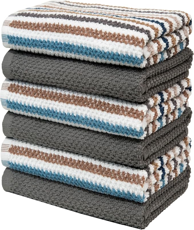 Bumble Kitchen Towels 6 Pack 100% Cotton 16"x26" - Grey Wide Stripe | 430 GSM Soft Kitchen Hand Towels with Hanging Loop, Highly Absorbent & Durable for Washing and Drying Dishes