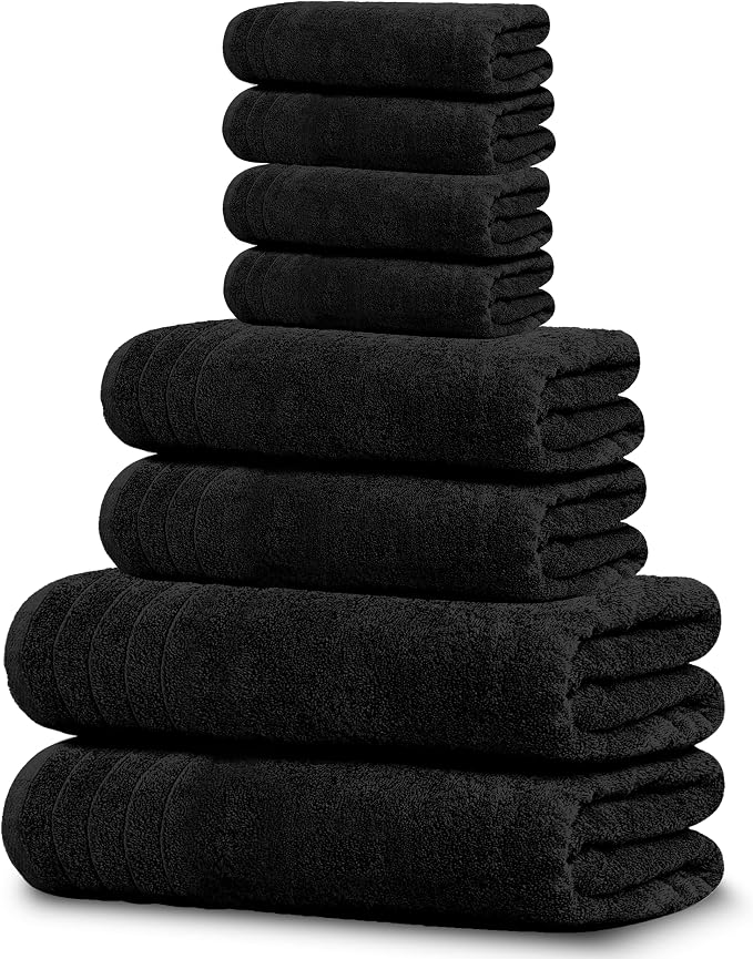 8 Piece Towel Set, 2 XL Bath, 2 Hand, 4 Washcloth, Black | 100% Cotton, Lighter Weight, Quicker to Dry, Super Absorbent, Perfect for Bathroom
