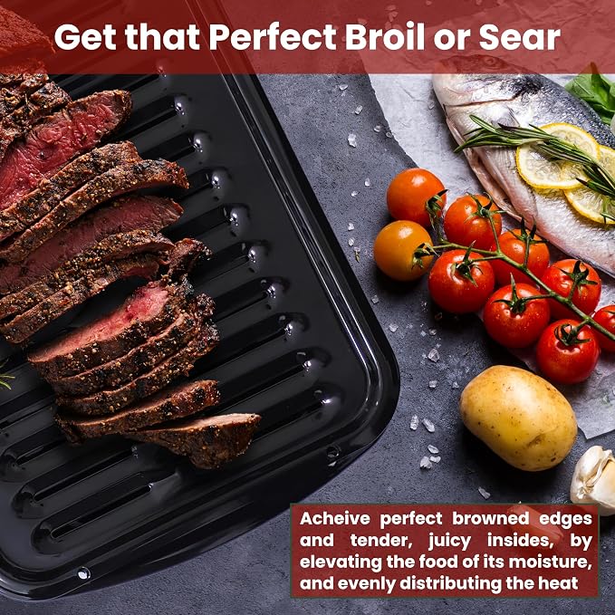 Broiler Pan for Oven Nonstick 16.75” x 13” Porcelain Nonstick Coated - Broiling Pan for Oven Withstands Heat up to 550° F - Heavy Duty Broil Pans and Rack Circulates Heat and Drains Fat (Black)