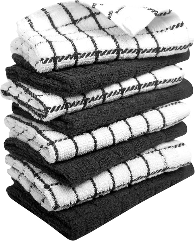 Bumble Dish Cloths (8-Pack), 100% Cotton Kitchen Towels, 12"x12" - Black | 405 GSM | Soft, Highly Absorbent & Durable Dish Towels for Kitchen