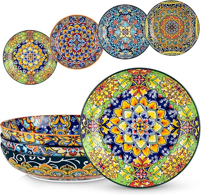 vancasso Pasta Bowls Set of 4, 42oz Ceramic Serving Bowls,Boho Pasta Plates | Large Shallow Bowls for Pasta, Salad, Soup, 42 oz Colorful Bowl Plates, Microwave and Dishwasher Safe Dinner Bowls