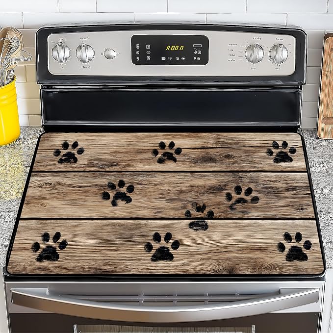 NYZE 28" x 20" Glass Stove Top Protector Mat Anti-Scratch Electric Stovetop Cover, Cute Paw Print Kitchen Dish Drying Mat & Extra Countertop Extension