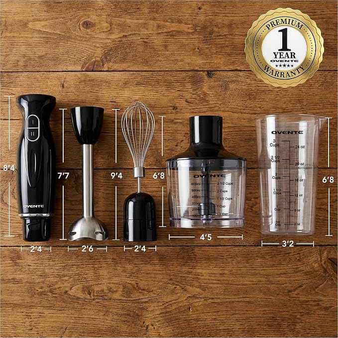 OVENTE Electric Hand Blender Set with 2 Mixing Speeds, 300W Black HS565B | Corded Immersion Handheld Stick Mixer with Stainless Steel Blades, Egg Whisk, Beaker & BPA-Free Food Chopper