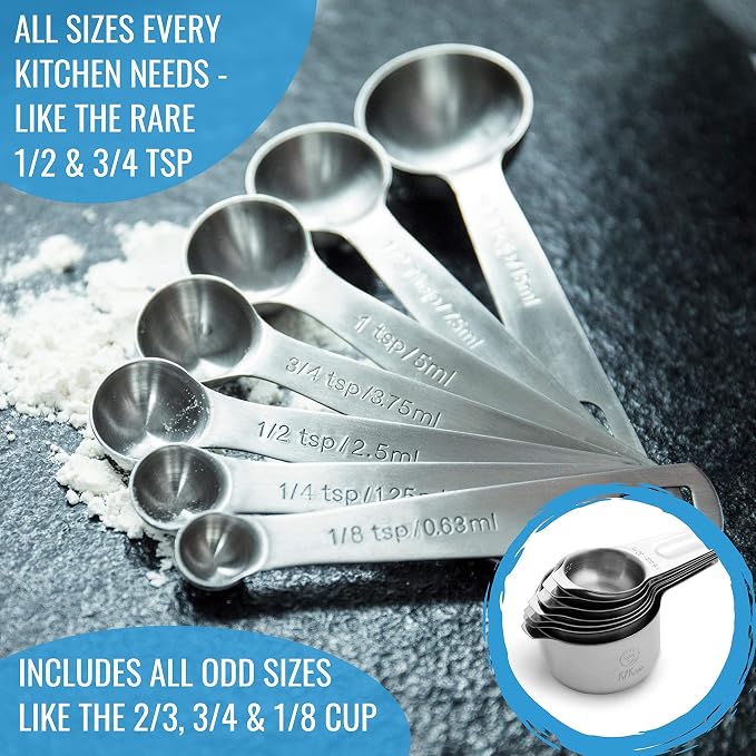Measuring Cups and Spoons Set, 16-Piece Stainless Steel, Leveler & Chart | 7 Dry Measuring Cups, 7 Measuring Spoons, Conversion Chart and Leveler, Metal Baking Tools for Flour, Sugar, Spices & Baking.