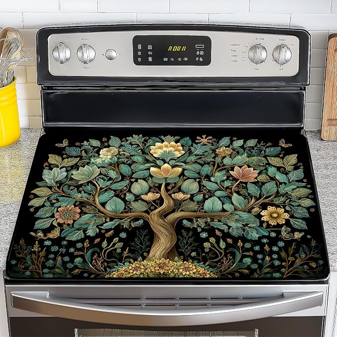 NYZE Stove Top Cover for Electric Stove 28x20 Inch Silicone Stove Topper & Protector, Decorative Kitchen Mat for Electric/Glass Stove Top (Teal & Gold Floral Tree)