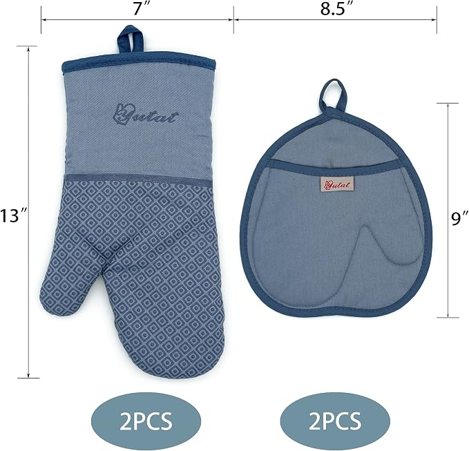 Yutat Silicone Oven Mitts - Oven Mitts and Pot Holders Sets Made of Non-Slip & BPA-Free Silicone, High Heat Resistant 500 Degrees, Perfect for Kitchen Cooking Baking BBQ, 4Pcs Set, Sky Blue