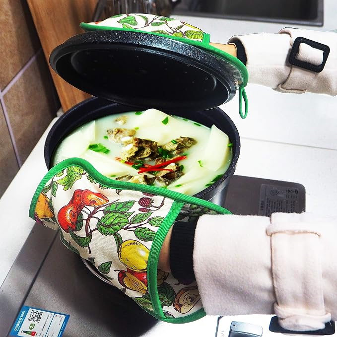 Pot Holders with Transparent Clear Silicone Shell and Nice Friut Flower | Potholders Cotton Lining Set of 2, Heat Resistant to 500 F Kitchen Oven Gloves for Cooking (Friut flower, Potholders)