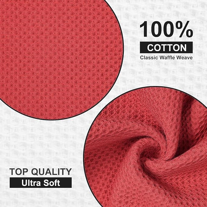 Kitinjoy 100% Cotton Waffle 6-Pack Kitchen Towels, 12" x 12", Brick Red | Ultra Absorbent, Super Soft, lightweight, Quick Drying Dish Rags for Washing Dishes