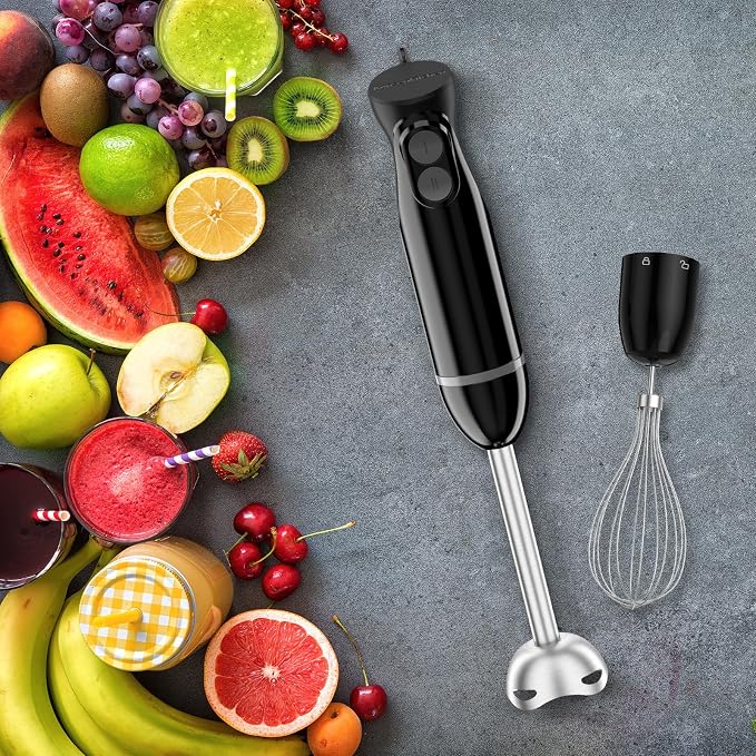 Bonsenkitchen 3-in-1 Immersion Blender Handheld with 2 Mixing Speed | Hand Blender with Egg Whisk & 24oz Beaker, Stainless Steel Blade, Portable Stick Mixer for Smoothie, Soup, Baby Food