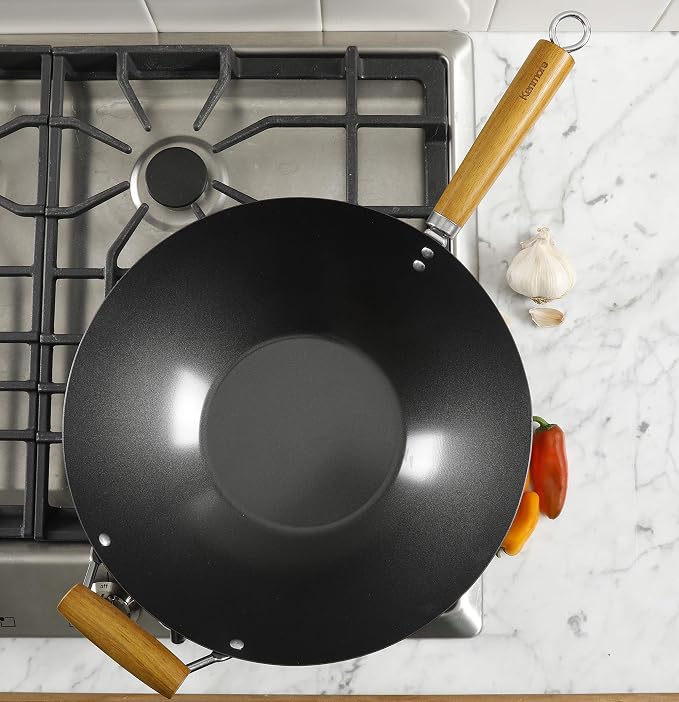 Kenmore Hammond 14-Inch Flat Bottom Carbon Steel Wok, Black, Durable Non-Stick Stir Fry Pan for Gas and Electric Stovetops