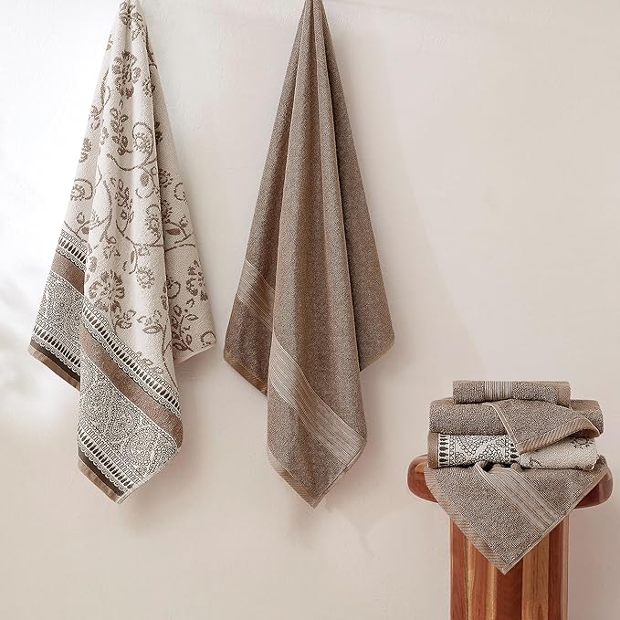 Modern Threads 6 Piece Bath Towel Set – Bathroom Set with 2 Bath Towels, 2 Hand Towels, and 2 Wash Cloths – 100% Cotton, Super Absorbent & Extra Soft – Reversible Floral Trail (Taupe Brown)