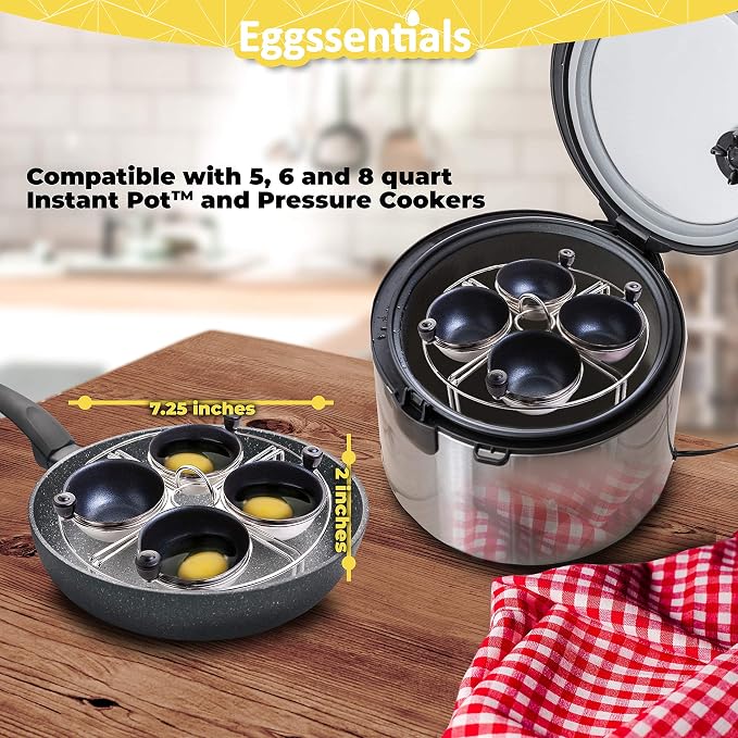 Egg Poacher Insert Stainless Steel Poached Egg Cooker Eggs Poaching Cup PFOA Free Egg Poachers Nonstick, 7.25" Rack Compatible with Skillet Instant Pot Pressure Cooker, 4 Poached Cups