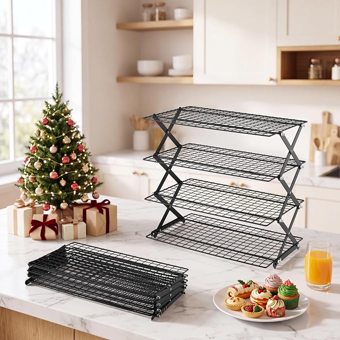 LIANYU 4-Tier Cooling Rack for Baking & Cooking, Collapsible & Space-Saving | Baking Wire Rack for Cooking, Nonstick 4 Adjustable Tiers, 3 Setting Design, Heavy Duty & Non-Toxic, Ideal for Cakes, Cookies