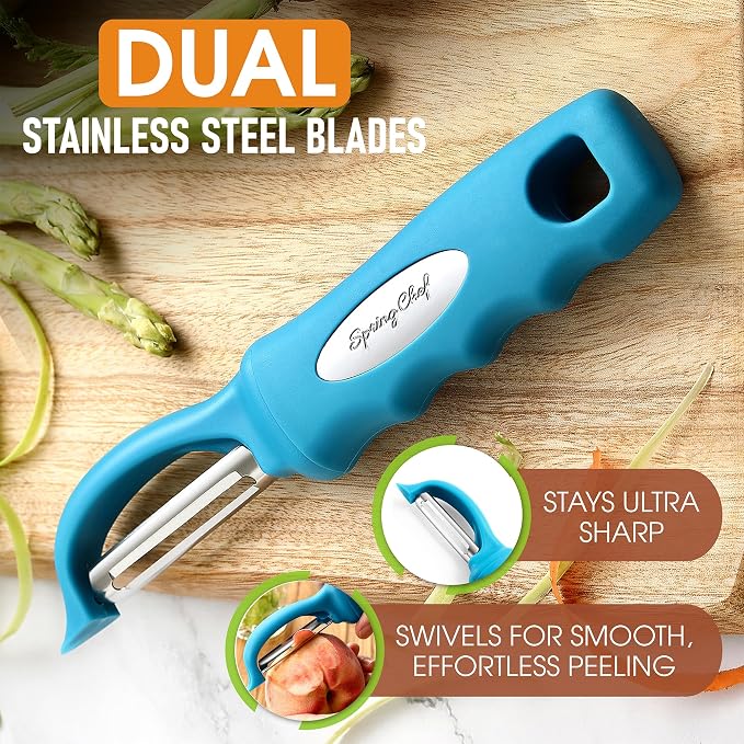 Spring Chef Swivel Vegetable Peeler for Kitchen w/Soft Grip Handle, Teal | Premium Potato Peeler w/ Ultra Sharp Stainless Steel Blades, Multifunctional Veggie Peeler for Apple, Carrot, Cucumber, Fruit