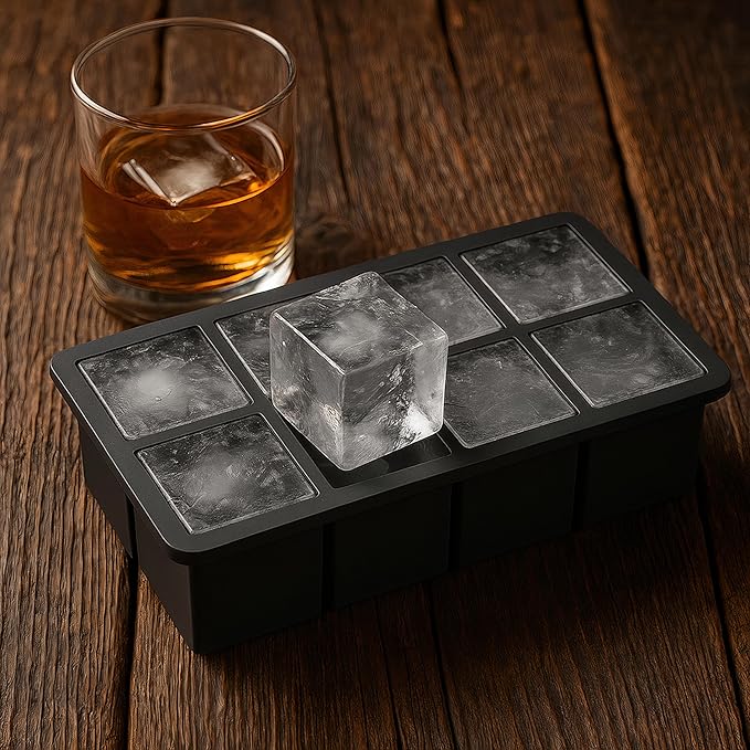 Ice Cube Molds, 2 Pack Silicone Trays for 8 Large Square Cubes | Slow Melt Large Squares, Flexible Silicone Trays, Easy Release, 2 Pack, for Whiskey Cocktails Coffee & More