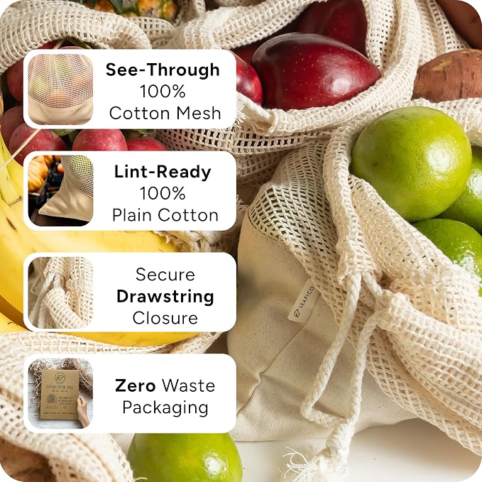 Reusable Produce Bags – 100% Cotton Mesh & Solid Hybrid (XL 14x18 inch 6 Pcs) – Extra Large Bags for Potatoes, Laundry, Toys, Bulk Storage – Washable, Plastic-Free, Breathable, Zero Waste