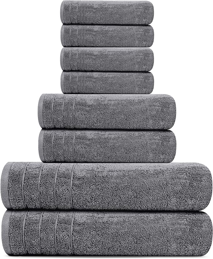 8 Piece Towel Set, 2 XL Bath, 2 Hand, 4 Washcloth, Dark Grey | 100% Cotton, Lighter Weight, Quicker to Dry, Super Absorbent, Perfect for Bathroom