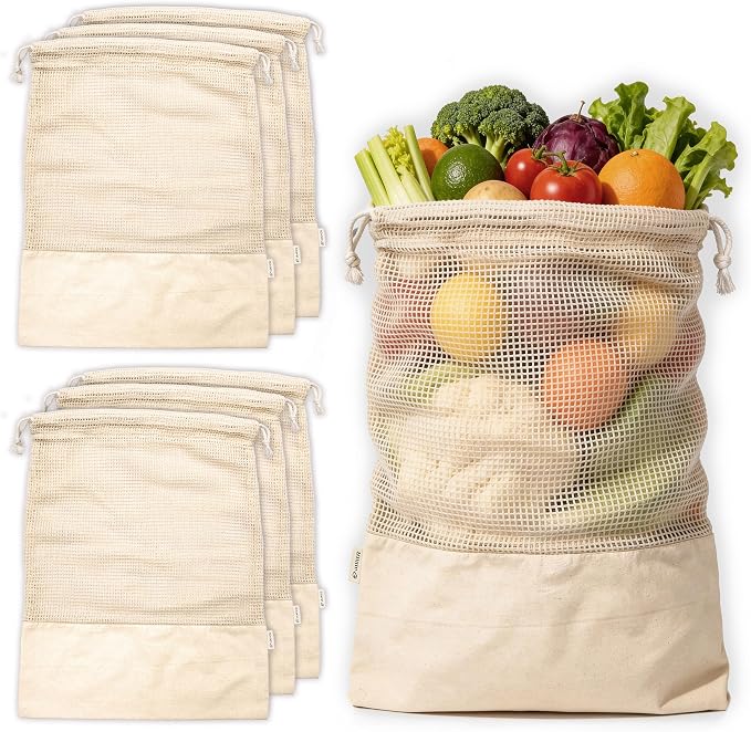 Reusable Produce Bags – 100% Cotton Mesh & Solid Hybrid (Large 12x15 inch 6 Pcs) – Storage Bags for Vegetables, Toys, Clothes, Travel Packing – Washable, Plastic-Free, Breathable, Zero Waste