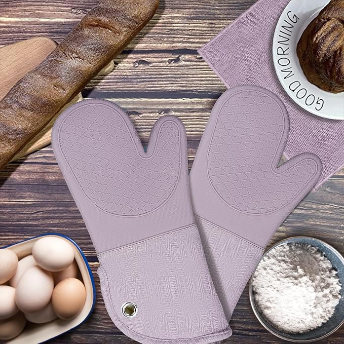 Professional Microwave Silicone Oven Mitts one Pair, Kitchen Mitten Set | Heat Resistant with 500 Degrees Oven Gloves Pot Holder for BBQ Cooking Baking (Purple)