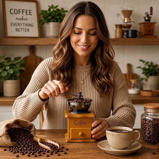 Vintage Wooden Manual Coffee Grinder, Hand Crank Coffee Mill with Ceramic Burr, Adjustable Grind Settings, Retro Coffee Bean Grinder for Home Use, Kitchen Decor, Gift for Coffee Lovers