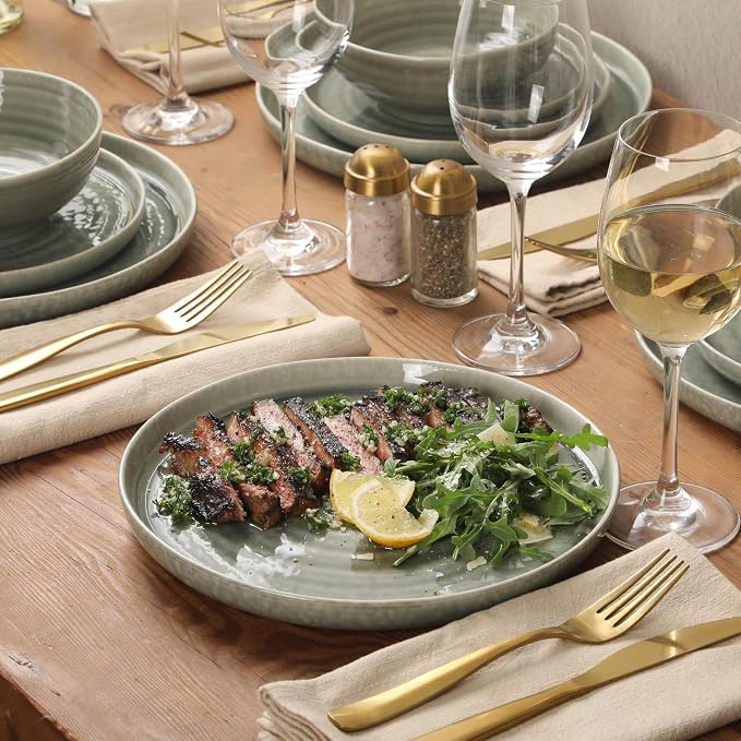 Gibson Elite Eclipse Swirls Plates and Bowls Sets, 12-Piece Stoneware Dinnerware Sets, Reactive Glaze Dish Set - Green
