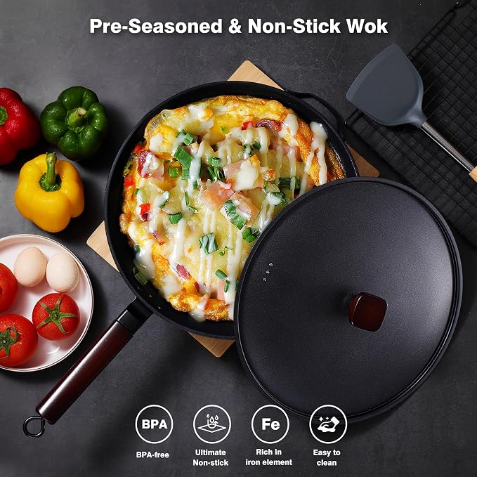 Teewe Carbon Steel Wok -13 Inch Woks & Stir-fry Pans Nonstick, Wok Pan with Lid Spatula and Dish Brush: Pre-Seasoned Flat Bottom Chinese Woks for Induction, Electric, Gas, All Stoves