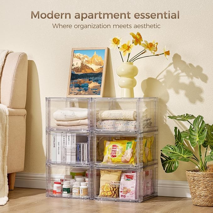 Vtopmart 2 Pack Clear Stackable Storage Drawers 15QT | Easily Assemble Closet Organizers,Plastic Storage Bins for Bathroom,Cabinet,Kitchen Pantry,Under Sink Organization(Medium)
