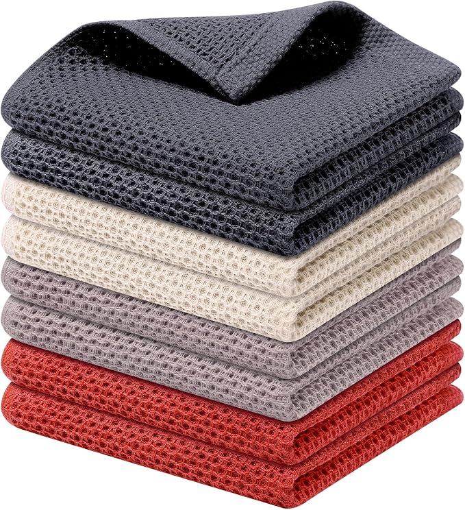 Kitinjoy 100% Cotton Waffle 8-Pack Kitchen Towels, 12" x 12", Multicolor | Ultra Absorbent, Super Soft, lightweight, Quick Drying Dish Rags for Washing Dishes