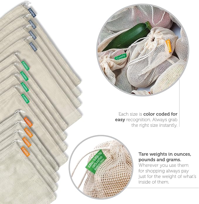 12+1 Reusable Produce Bags Grocery Washable, Organic Cotton Mesh Produce Bags, Double-Stitched & Tare Weigh, Mesh bags for vegetables, Cotton Produce Bags Reusable Washable, Produce bag 4xS, 4xM, 4xL