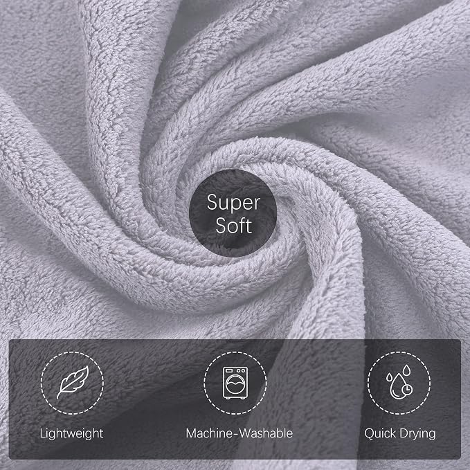 TENSTARS Luxury Silk Hemming Towel Set - Light Thin Quick Drying - 2 Bath Towels 2 Hand Towels 2 Washcloths - Ultra Soft Microfiber Towel for Bath Fitness, Sports, Yoga, Travel (Light Grey 6 Pieces)