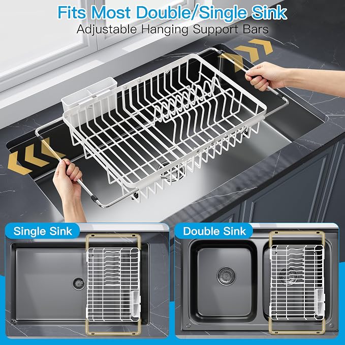JASIWAY White Dish Drying Rack Over the Sink with Utensil Holder | Expandable Stainless Steel Dish Driainers for Small Kitchen, Counter Space Saving, Fast Drain, Rust Resistant, For Apartment