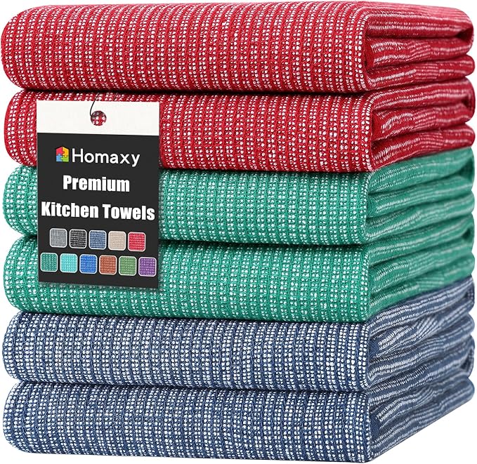 Homaxy 380 GSM Cotton Premium Kitchen Towels 6 Pack, 18"x 28", Mix | Flat and Terry Dish Towels, Highly Absorbent Tea Towel Set with Hanging Loop, Soft Kitchen Hand Towels, Navy/Red/Green