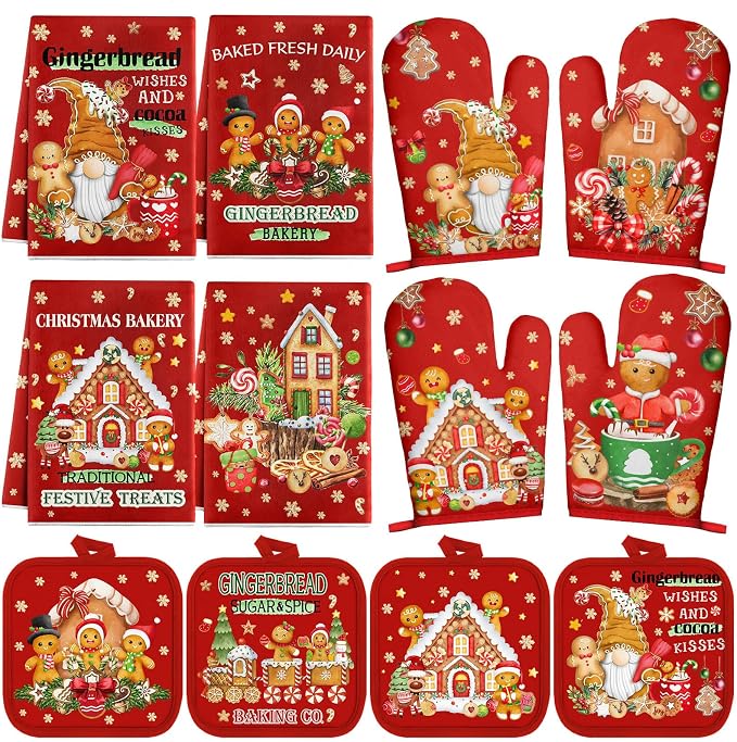 SiliFine 12 Pcs Christmas Kitchen Accessories Set Gingerbread Man Pot Holders Gingerbread House Oven Mitts Xmas Candy Kitchen Towels for Christmas Home Decorations, Cooking Baking Holiday Gifts