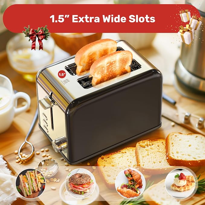 YSSOA Stainless Steel Toaster 2 Slice with Extra Wide Slot & Removable Crumb Tray, 6 Shade Settings and Bagel/Defrost/Cancel Functions, Compact Oven, for Various Bread & Waffle, Black (Pack of 1)